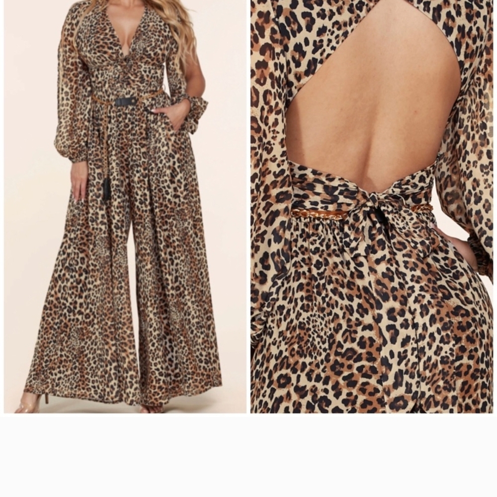 L'ATISTE Brown Wide Leg Jumpsuit with Plunging V-Neckline